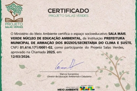 Búzios conquista certificação do Ministério do Meio Ambiente e Clima para implantar o Projeto Sala Mais Verde